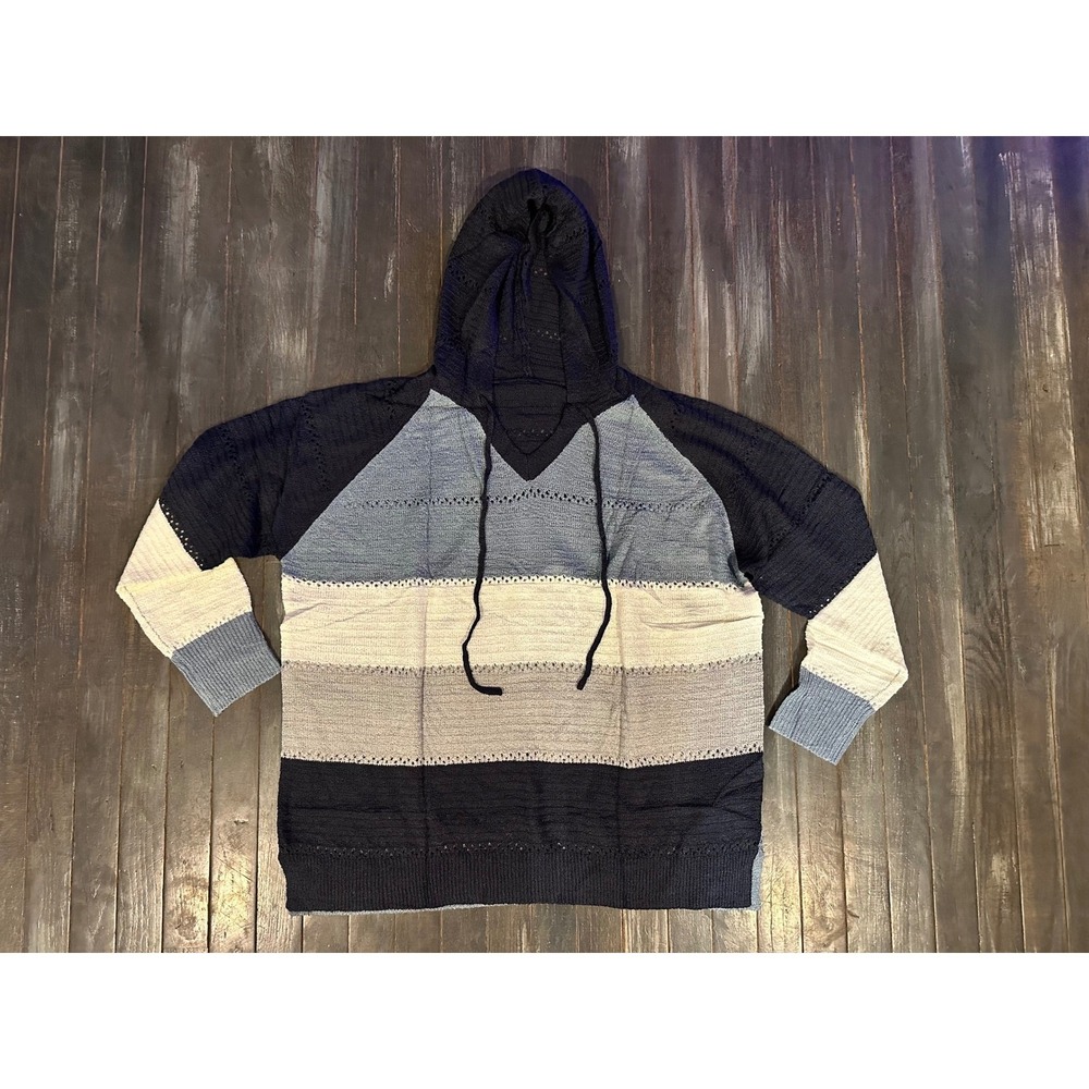 Womens Colorblock Knit Hoodie V-Neck. Long Sleeve Striped Sweater Navy Blue